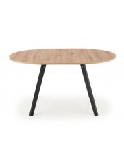 Masa extensibila living si bucatarie HM Ruben, lemn masiv, blat MDF, ovala, 6 persoane, 102-142x102x73 cm, stejar/negru