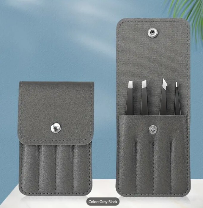 Set 4 pensete profesionale din otel inoxidabil - etui gri