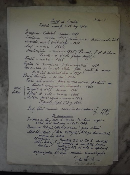 Manuscris Octav Dessila - Tabel de Lucrari
