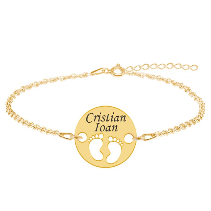 My Kid - Bratara personalizata din argint placat cu aur galben 24K banut cu nume si talpite