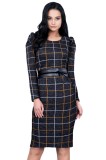 Rochie Gri Inchis cu Dungi si Brau, Maneci Lungi, Office, Fermoar Spate. Fabricata in Romania. Marimea L