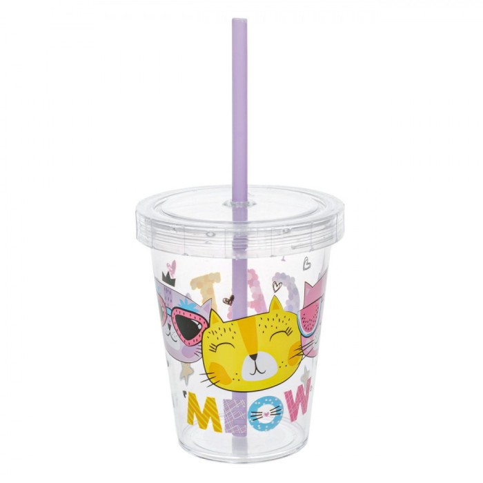 Pahar Plastic, Model Pisici, Multicolor, Capacitate 440ml, Cu Pai