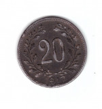 Moneda 20 heller 1917, stare buna, patina vopsita, Europa, Fier