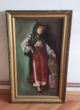 Fata cu ulcior, ulei pictura, rama veche cu mici defecte tablou vechi 100x50cm