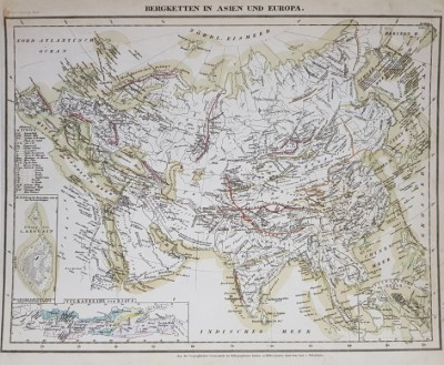 LANTURILE MUNTOASE IN ASIA SI EUROPA , HARTA CU TERMENII SI DENUMIRILE IN LIMBA GERMANA , MIJLOCUL SEC. XIX foto