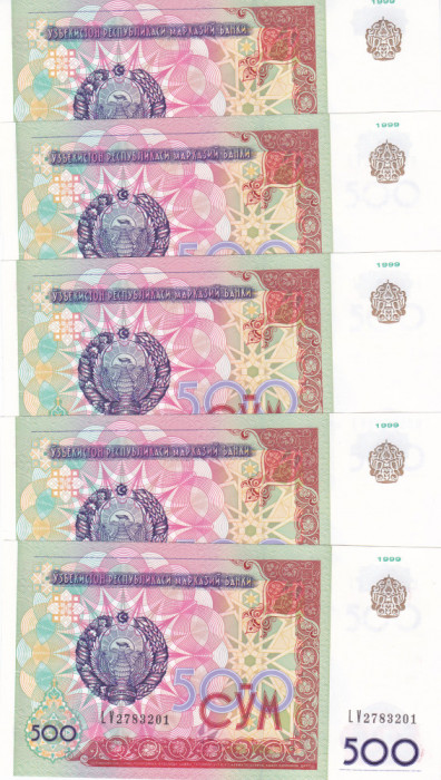 Bancnota Uzbekistan 500 Sum 1999 - P81 UNC ( pret pt. 5 bancnote consecutive )