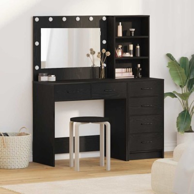 Set masă de toaletă cu LED, 2 piese, negru, lemn prelucrat foto