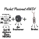 Set Cadou Pasionati Audi , 13 Stickere Personalizate, Breloc 3D si Air Freshener Roata 3D
