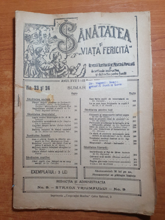 sanatatea si viata fericita 1-15 septembrie 1920-revista de medicina populara