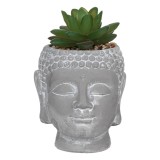 Ghiveci Decorativ Ciment, Model Cap Buddha, Floare Artificială Suculentă, Dimensiuni 8x8x9.5cm, Gri