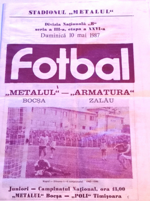 Program meci fotbal &quot;METALUL&quot; BOCSA - &quot;ARMATURA&quot; ZALAU (10.05.1987)