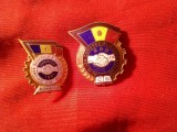 2 Insigne Uniunea Generala a Sindicatelor din Romania , RPR si 1981 metal si email , h=2,7 si 2,2cm