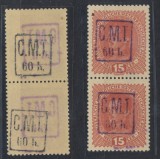 Ocupatia in Pocutia 1919 pereche cu eroare supratipar recto-verso original C.M.T. de 60 h. pe timbrul austriac Karl 15 h., MNH