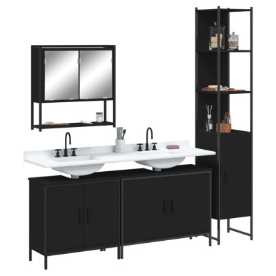 Set mobilier de baie, 4 piese, negru, lemn prelucrat foto