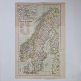 Harta Scandinavia / Suedia si Norvegia, litografiata in anul 1895 de G. Freytag &amp; Berndt Wien / Viena, 24 x 36,5 cm, Europa