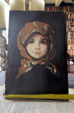 Fetița cu basma roșie ulei rama veche cu mici defecte tablou vechi, Scene gen