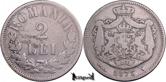 1875, 2 Lei - Carol I - Regatul Rom&acirc;niei | KM 8