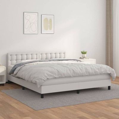 vidaXL Pat box spring cu saltea, alb, 180x200 cm, piele ecologică 3141138 foto