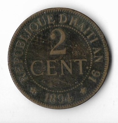 Moneda 2 centimes 1894 - Haiti foto
