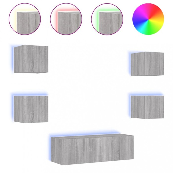 Comode TV de perete cu lumini LED, 5 piese, gri sonoma