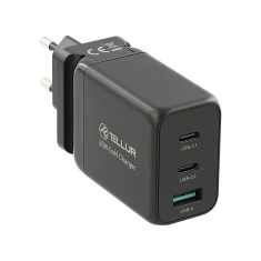 Incarcator retea Tellur TLL151451 GaN, 65W, 2 x USB-C + USB, EU/UK/US, Negru