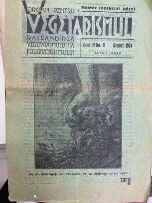 1934, Revista Vegetarismul. Organ pentru raspandirea vegetarismului RARA foto