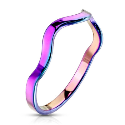 Inel din oțel de culoarea curcubeului - motiv de val, brațe &amp;icirc;ngustate - Marime inel: 51 foto