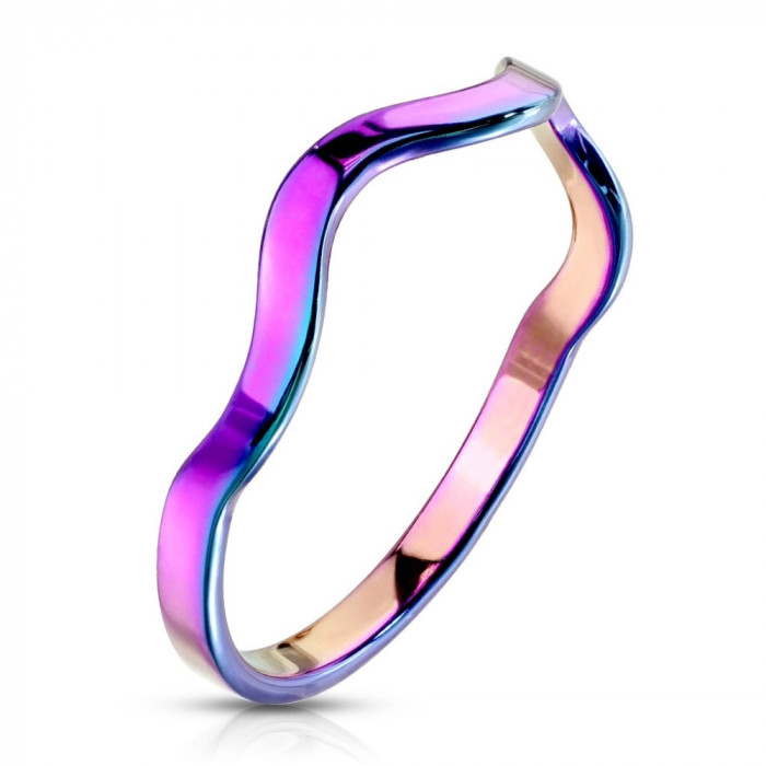 Inel din oțel de culoarea curcubeului - motiv de val, brațe &icirc;ngustate - Marime inel: 59