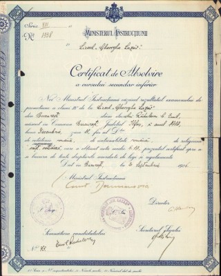 A1854 Certificat de absolvire a cursului secundar inferior, 1926, Liceul &amp;bdquo;Gheorghe Lazăr&amp;rdquo; București foto
