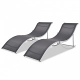 Set 2 Șezlonguri Pliabile Aluminiu Textilenă vidaXL Negru/Gri 60x159x62cm, Max 160kg, Plajă/Grădină
