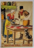 LE SAUCISSON CHAUD LYONNAISE , CARTE POSTALA ILUSTRATA , LITOGRAFIE SEMNATA JEAN PARIS , CU RETETA CULINARA PE VERSO , TEXT IN LB. FRANCEZA , 1946