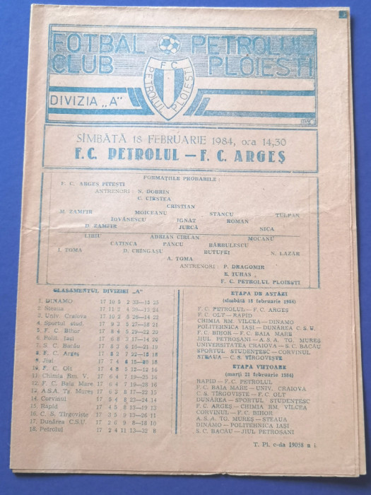 Program meci fotbal PETROLUL PLOIESTI - FC ARGES PITESTI (18.02.1984)