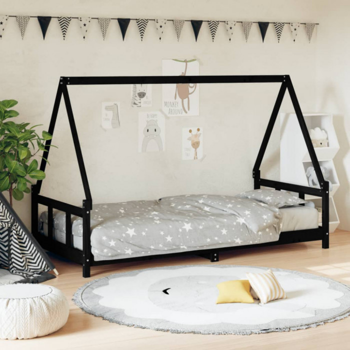 vidaXL Cadru pat pentru copii, negru, 90x200 cm, lemn masiv de pin