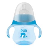 Biberon cu manere tip delfin, albastru, 230ml, PUR