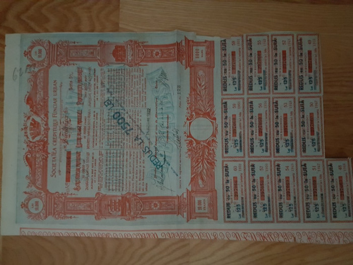 SOCIETATEA CREDITULUI FUNCIAR URBAN 10000 lei BUCURESTI 1922 F REDUS la 7500