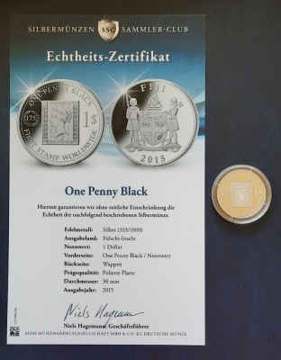 Moneda de argint - 1Dollar/ &amp;quot;FIRST STAMP WORLDWIDE&amp;quot; FIJI, 2015 - PP - G 4281 foto