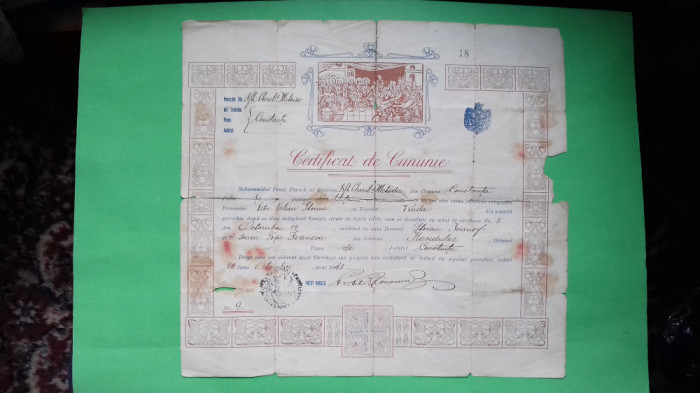 Dobrogea Constanta Certificat de cununie Comuna Constanta 1913