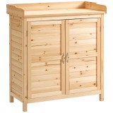 Dulap de exterior Outsunny cu 2 rafturi din lemn de brad cu design &icirc;nălțat și 2 uși, 83x40x92 cm, culoarea lemnului | Aosom Romania