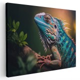 Tablou canvas iguana pe ramura in nuante verde, portocaliu, albastru 1045 Tablou canvas pe panza CU RAMA 70x100 cm