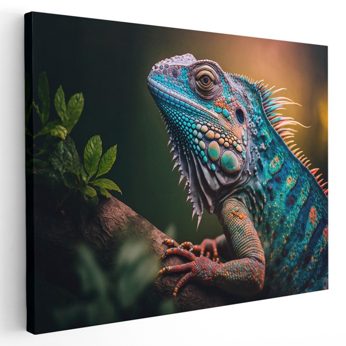 Tablou canvas iguana pe ramura in nuante verde, portocaliu, albastru 1045 Tablou canvas pe panza CU RAMA 40x60 cm