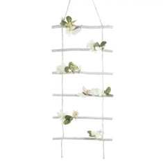 Decorațiune Suspendabilă, Scară Lemn, Flori Albe și Fluturi, 57x5x30cm