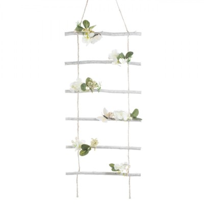 Decorațiune Suspendabilă, Scară Lemn, Flori Albe și Fluturi, 57x5x30cm foto