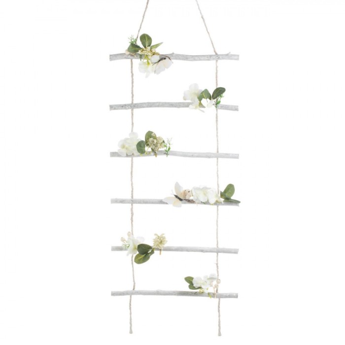 Decorațiune Suspendabilă, Scară Lemn, Flori Albe și Fluturi, 57x5x30cm