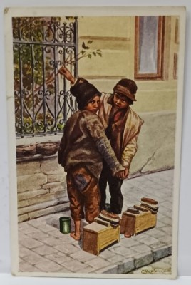 DOI COPII TIGANI LUSTRAGII , de pictorul BURGSTALLER , CARTE POSTALA , INTERBELICA foto