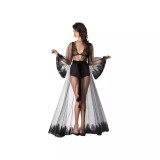 Cumpara ieftin Halat de Dama din Voal si Broderie, Semi-Transparent, cu Cordon in Talie, Negru - MEI155