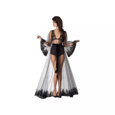 Halat de Dama din Voal si Broderie, Semi-Transparent, cu Cordon in Talie, Negru - MEI155