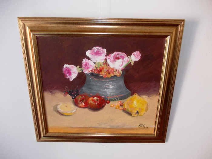 Nicolae Blei (n.1949) &quot;Natura statica cu trandafiri roz&quot;, ulei/panza, 63x58 cm