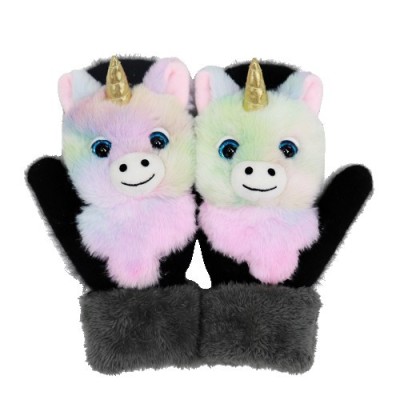 Manusi pentru copii, flippy, din plus cu umplutura de bumbac, protectie termica, 24 x 20 x 3 cm, model unicorn 3d, roz/negru foto