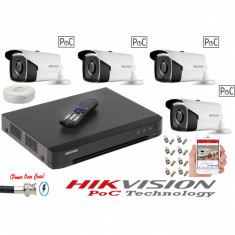 Kit 4 camere supraveghere 5MP Full HD, PoC, IR 80m HikVision + DVR 4 canale Pentabrid PoC HikVision + Cablu + Mufe foto