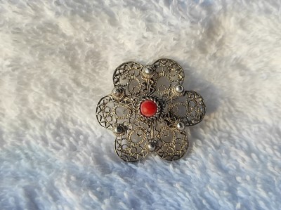 BROSA argint TRIBALA in filigran cu CORAL veche RARA manopera EXCEPTIONALA foto